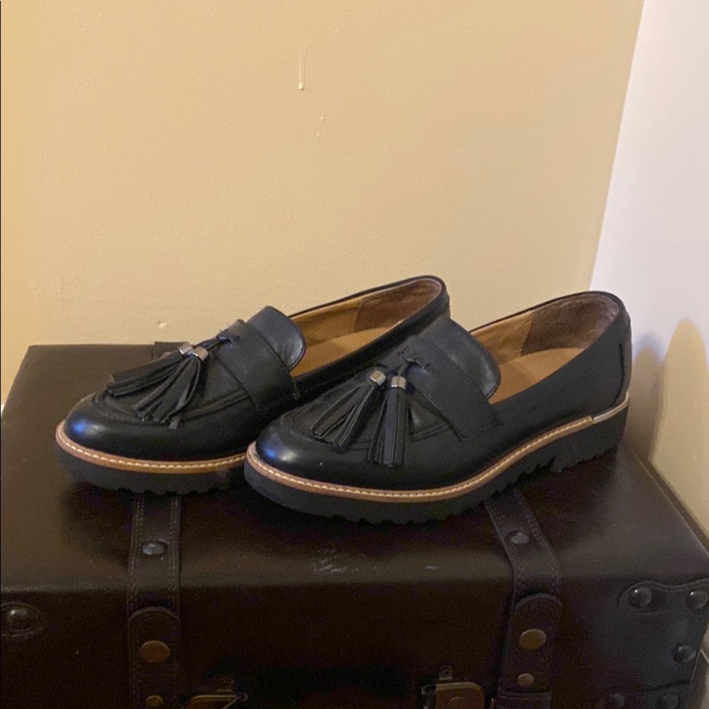 Franco Sarto Black Leather Slip-On Loafers with Tassel